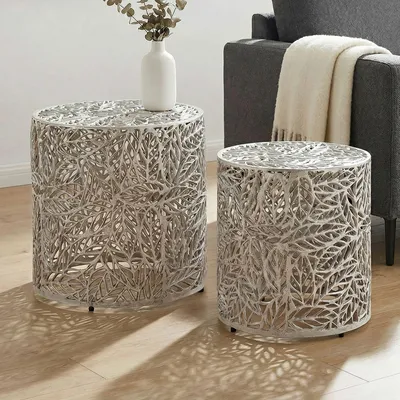 Zdjęcie produktu dla FineBuy Zestaw 2 okrągłych stolików z aluminium z dekoracyjnym wzorem liści Nowoczesny stolik dekoracyjny Stolik kawowy Stolik pomocniczy Zestaw designerskich stolików do salonu