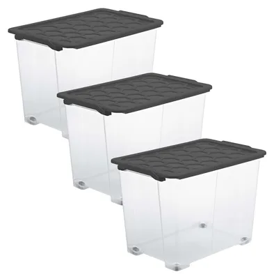 Produktbild von Rotho 3er-Set  Aufbewahrungsbox mit Rollen 65L Evo Total - Kunststoffbox je 59,0 x 39,5 x 41,2 cm - Stapelbox mit Deckel - Boxen sicher verschliessbar