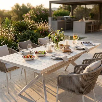 Immagine prodotto di Milani Home - tavolo da giardino rettangolare allungabile, legno di acacia, 8 posti, bianco, piano 150/200 x 90 cm