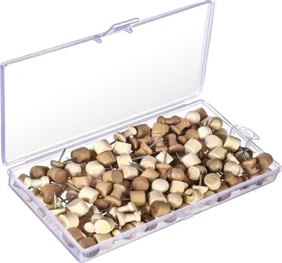 Produktbild von Pinnadeln Holz 114 Stück Reißzwecken Holzkopf Pinnwandnadeln mit Aufbewahrungsbox Reißnägel für Pinnwand Korktafel Weltkarte Büro Schule Zuhause (Rundkopfnägel,Holzfarbe)