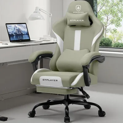 Zdjęcie produktu dla Krzesło gamingowe, krzesło biurowe, ergonomiczne krzesło gamingowe z podparciem dla głowy i poduszką lędźwiową, tapicerowane krzesło gamingowe z podnóżkiem, obrotowe krzesło, maksymalne obciążenie: 150 kg