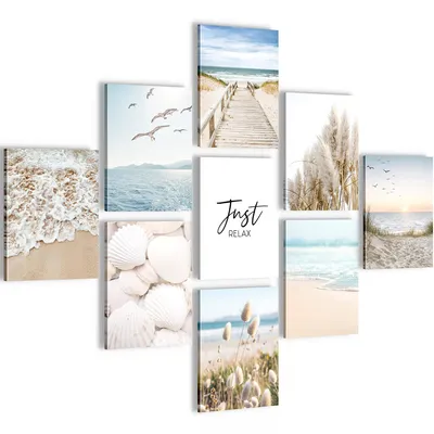Produktbild von Novart Wandbilder Strand Meer - KOMPLETT AUFHÄNGFERTIG - Ostsee Wohnzimmer Schlafzimmer- 9 Moderne Bilder Set - N026091a
