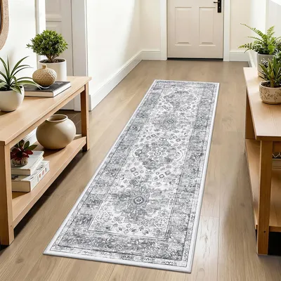 Zdjęcie produktu dla Dywanik do przedpokoju 60 x 180 cm, szary, vintage, prać w pralce, antypoślizgowy, do przedpokoju