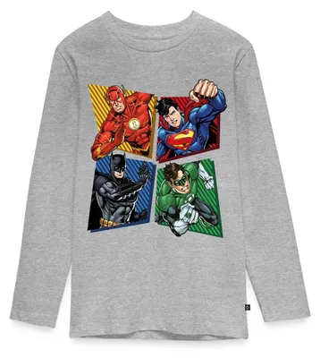 Produktbild von Spreadshirt DC Comics Justice League Superhelden Teenager Premium Langarmshirt, 158/164 (12 Jahre), Grau meliert