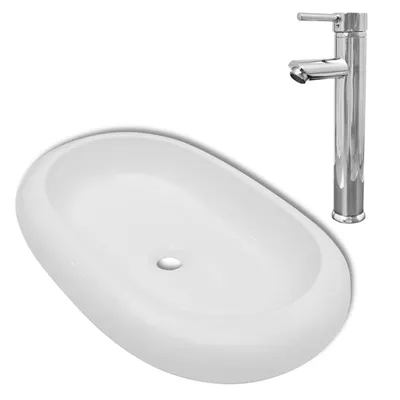 Produktbild von Bad-Waschbecken mit Mischbatterie Keramik Oval Weiß