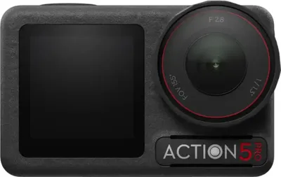 A close-up, front-facing view of a black action camera.