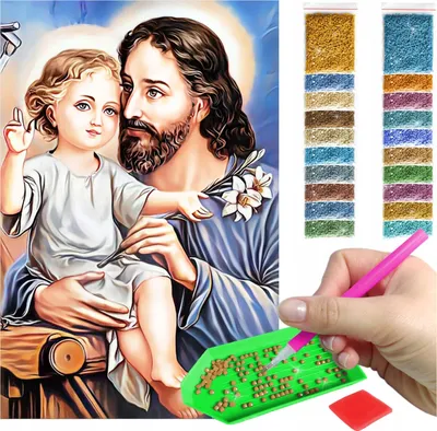 Zdjęcie produktu dla Haft diamentowy ARTULIO - Święty Józef z Dzieciątkiem Jezus - 60 x 40 cm - Kwadratowe diamenty - Diamond painting, Kompletny zestaw: mozaika + akcesoria