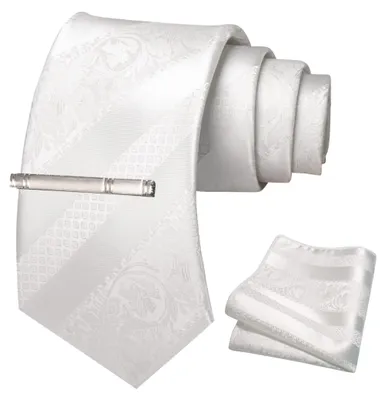 Immagine prodotto di Set di papillon con motivi floreali e a righe, comprensivo di fermaglio per papillon e fazzoletto da taschino, colore bianco puro