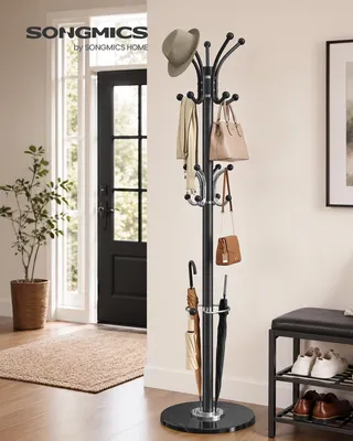 Obrázek produktu pro SONGMICS Věšák na oblečení se stojanem na deštníky a mramorovou základnou, 18 háčků, otočná horní část, rozměry 38 x 38 x 178 cm, černá barva