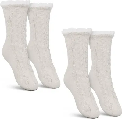 Produktbild von Haussocken (Weiß / 2 Paar) Damen mit Teddyfutter - Hüttensocken mit Anti-Rutsch-Sohle - ABS Norweger Socken Zopfmuster - Kuschelsocken Einheitsgröße Stopper
