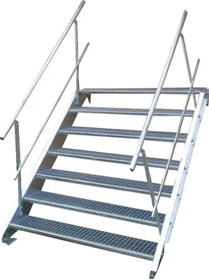A metal staircase with handrails against a white background.