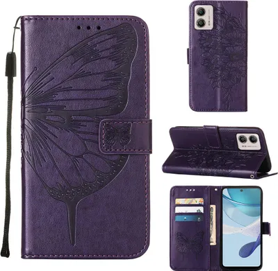 Produktbild von Lederhülle für Motorola Moto G53 / G23 / G13 Schmetterling Prägung Flip Ledertasche Kartenfächer Handyhülle mit Ständer Lila