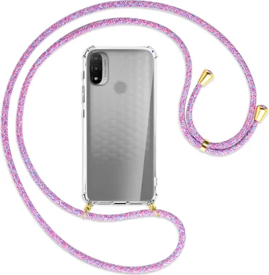 Produktbild von Handykette Backcover-Schutzhülle mit Band (Metall goldfarben) für Motorola Moto E20 (XT2155) - lila/rosa/blau
