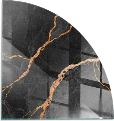 A quarter-circle shaped glass hearth plate with a black marble pattern and gold veining.
