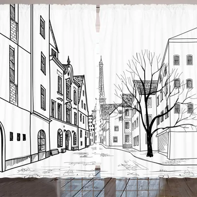 Produktbild von ARANDE Stadtansicht Gardine, Paris Straße Mit Häuser Gebäuden Und Baum Auf Alleyway Eiffelturm Hintergrund, 280 x 175 cm, Weiß Schwarz