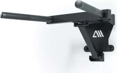 A black wall-mounted dip station with knurled grips is shown against a white background.