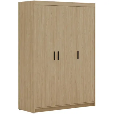 Produktbild von Drehtürenschrank ELENA 3D Eiche geölt mit schwarze Griffe - Kleiderschrank 130 cm mit glatten 3 Türen