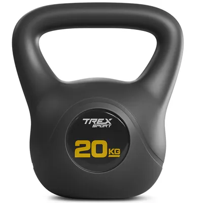 A black kettlebell with yellow text indicating its weight and brand.