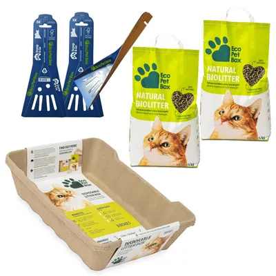 Produktbild von EcoPetBox Recyclebare-Katzentoiletten 3st + 10kg Natural Streu + 6 Schaufeln. 100% biologisch abbaubar. Praktisch, hygienisch,  geruchsfrei.