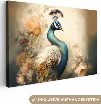 Produktbild von OneMillionCanvasses® - Leinwandbilder - 150x100 cm, Pfau - Pfauenfedern - Blumen - Botanisch, Wandbilder Kunstdruck Wanddekoration - Foto auf Leinwand - Gemälde auf Holzrahmen