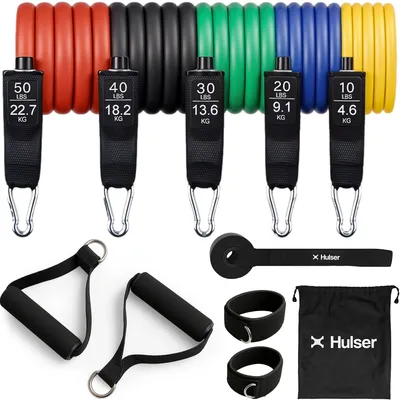 Produktbild von Hulser TPE Fitnessbänder Set – 120 cm – 12-teilig – 4 bis 23 kg – Fitnessband mit Griffen, Fußschlaufen & Türanker – Widerstandsbänder – Powerband