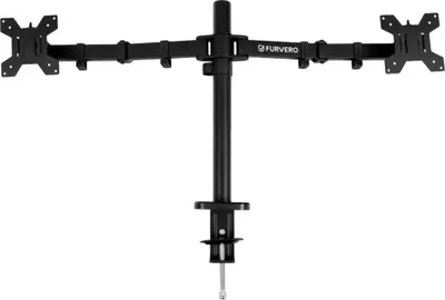 A black dual monitor desk mount with two arms, clamped to a desk.