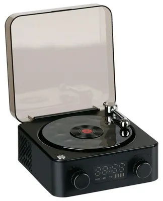 Image de Tourne-disque rétro Bluetooth 5W - Haut-parleur sans fil avec modes d'éclairage et bruit blanc - Boîte à musique avec AUX et carte TF - Lecteur vinyle - 14,2 x 15,3 x 6,7 cm - Noir