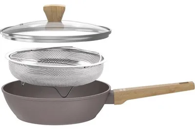 Productafbeelding van Sauteerpan – Geschikt voor alle soorten fornuizen, inclusief inductie – ARTHUR MARTIN – AM9910 – Keramische coating – 24 cm – Deksel en binnenkant van roestvrij staal – Taupekleurig
