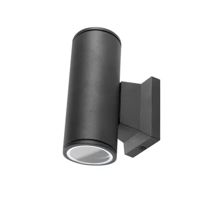 A black cylindrical LED wall light mounted on a wall bracket, shown against a white background.