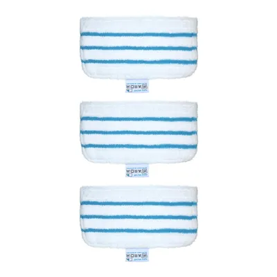 Three white mop pads with blue stripes are stacked vertically against a white background.