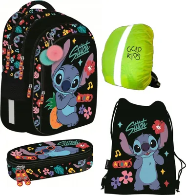 Obrázek produktu pro Goldkids - Brašna pro chlapce a dívky, sada 4 kusů - Školní batoh pro děti s penálem - sáčkem na boty a pláštěnkou - motiv Stitch
