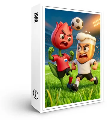 Produktbild von raxxa Premium-Puzzle „Fußballduell: Niederländische Tulpe gegen deutsches Bierglas“, 1000 Teile