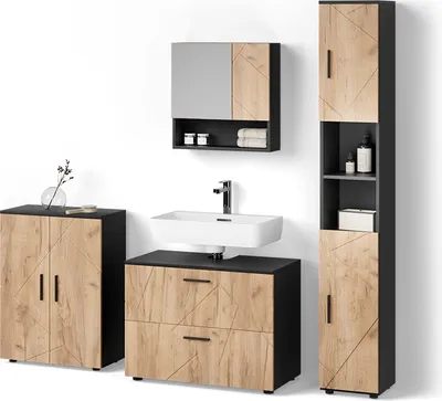 Immagine prodotto di Set mobili bagno Livinity Ronco Rovere dorato/antracite 4 pezzi, con cassettiera e mobile midi, Model 52700
