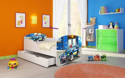 A child's bedroom with a bed, dresser, and toys.