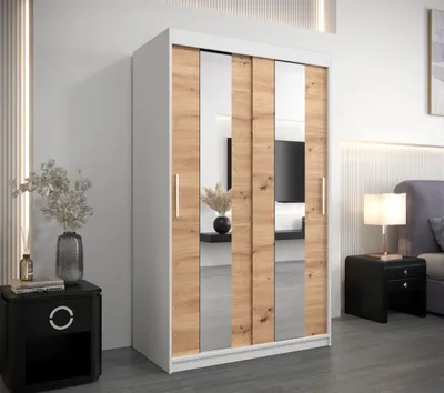 Produktbild von Kleiderschrank mit Spiegeln DIANA – Breite 120 cm, weiß / Eiche artisan