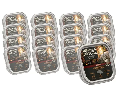 Produktbild von Dehner Wild Nature Katzenfutter Unterholz, Nassfutter getreidefrei / zuckerfrei, für ältere Katzen, Wildschwein, 16 x 100 g Schale (1.6 kg)