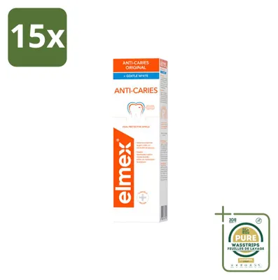 Imagen del producto de 15 tubos de pasta dental blanqueadora Elmex para la prevención de caries, 75 ml cada uno. Pack de 15 unidades