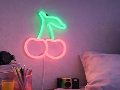 Produktbild von Neonschild Deko Lampe Kirschen, ausgefallene USB Wandleuchte mit Netzteil