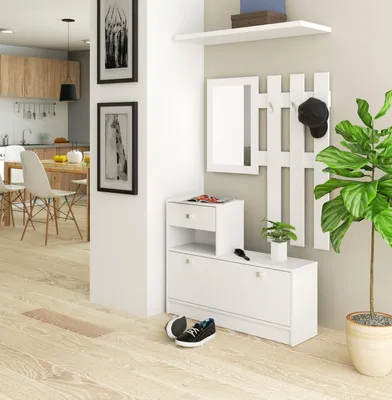 Obrázek produktu pro Vestavěná skříň do předsíně 90 cm s botníkem, zrcadlovým panelem, 3 háčky, 1 zásuvkou a 1 dvířky, matná