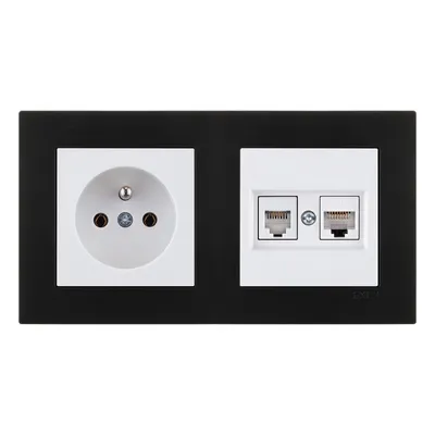 Image de Prise simple avec mise à la terre + prise RJ45 pour ordinateur (cat. 6) + prise RJ11 pour téléphone, blanche + cadre double, noir métallisé, EXEN