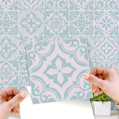 Produktbild von WALPLUS 24 Stück selbstklebende Fliesen Küche 15 x 15 cm abnehmbare Santa Rosa Pistazie – Hellgraue Schablone zum Kleben von Fliesen DIY Kunst Heimdekoration