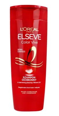 A red bottle of L'Oréal Elseve Color Vive shampoo against a white background.