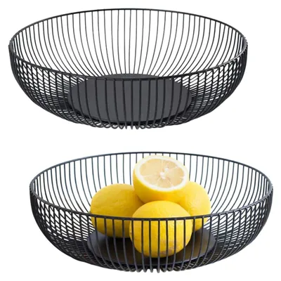 Produktbild von 2 Obstschale Schwarz Matt, Metall, Rund, Modern, Seicht Obstkorb aus Eisen Abgerundetes-Design Durchbrochener Aufbewahrung für Gemüse Obst Brot(28cm * 8cm)