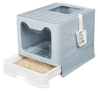 Produktbild von Katzenklo Haus - Großes Faltbares Katzentoilette Haus - Mit Haube Und Schublade - Mit Schaufel - Leicht Zu Reinigen - Blau