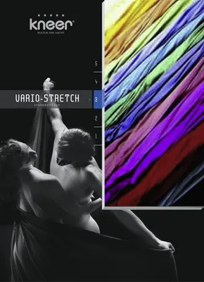 A split image showing a black and white artistic photo of two people on the left and a colorful fabric texture on the right.