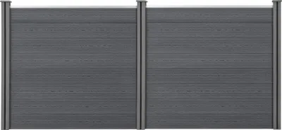 A front view of a gray WPC garden fence with two sections separated by a post, set against a white background.
