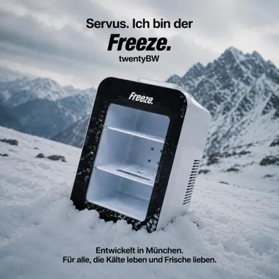 Produktbild von Freeze twentyBW Mini-Kühlschrank 20L, thermoelektrische Kühlbox mit Kühl- & Warmhaltefunktion, 12V DC/220-240V AC, Sichtfenster, Tragegriff, Ablage, weiß/schwarz, für Auto, Büro, Camping