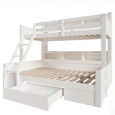 Produktbild von Flieks Etagenbett 90x200cm/140x200cm mit Rausfallschutz, Hochbett mit Leiter, Kinderbett Doppelbett mit Schublade und Regal, Weiß