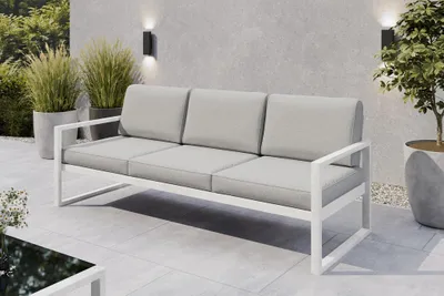 Produktbild von Outdoor Gartenbank 3-Sitzer – Loungebank für Garten, Terrasse, Balkon – Wetterfeste Polster-Loungebank – Pulverbeschichtetes Stahlgestell in Weiß – Bellano, EU – Grau