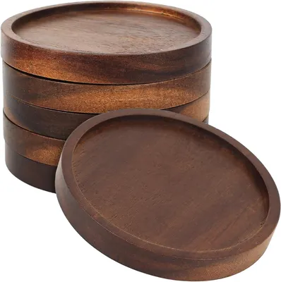 Image de Lot de 5 sous-verres en bois, antidérapants, pour tasses, verres et bouteilles. Idéal pour les tables, les salons et pour servir la bière, le vin et autres boissons
